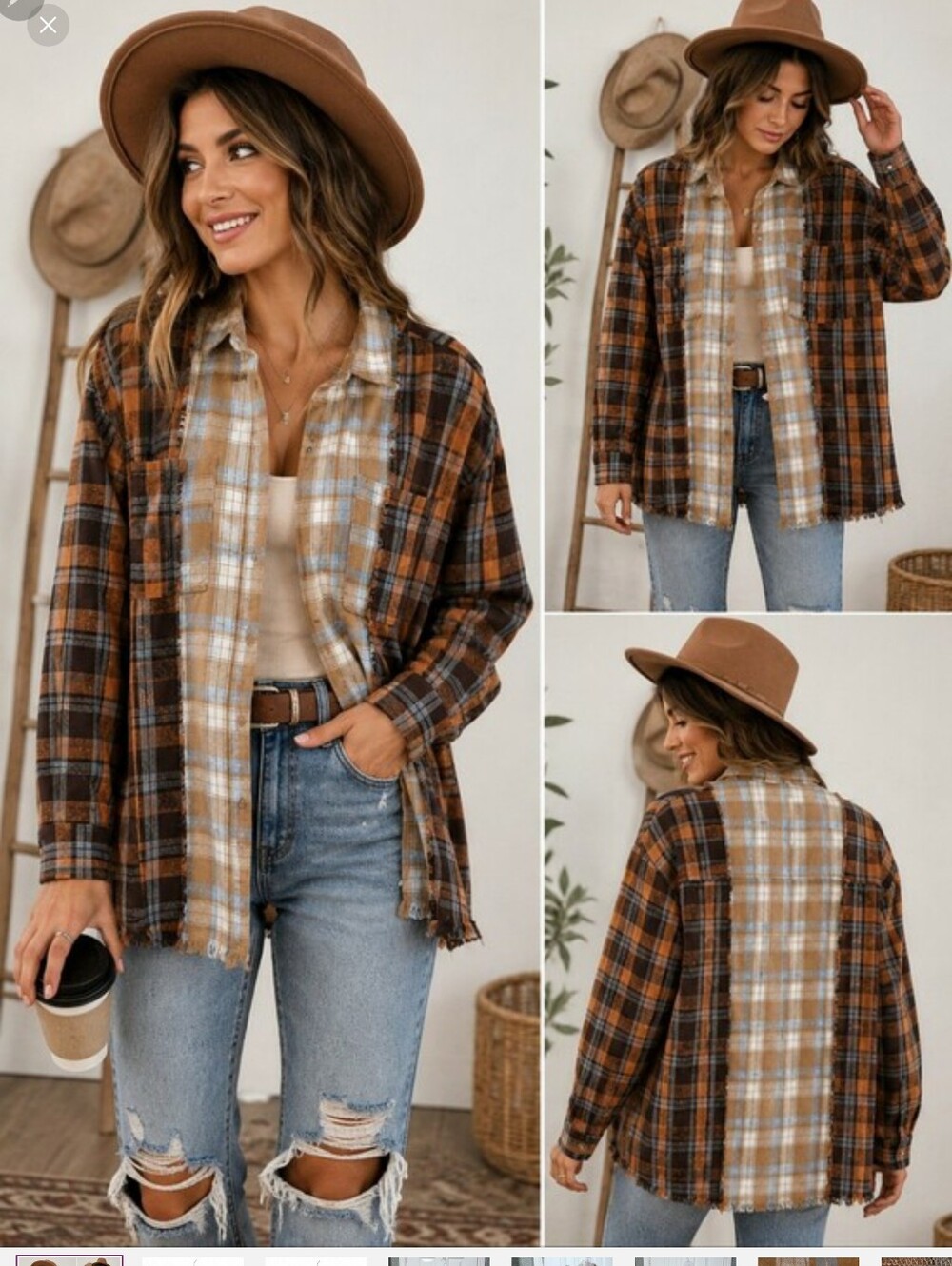 BKE Patchwork Boyfriend Flannel Shirt Womens Medium Brown Plaid Frayed Oversized
